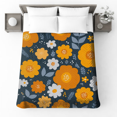 Orange White Flowers Quilted Bedspread