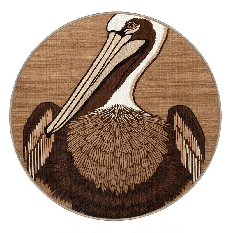 Washable Brown Pelican Birds Area Rug, Round 5'