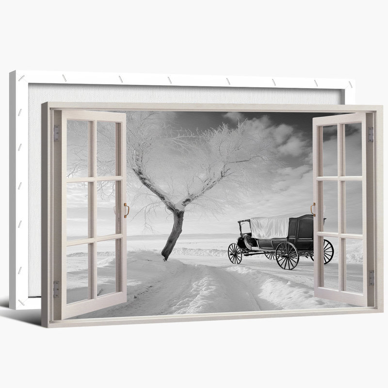 Impression sur toile grand paysage d'hiver avec fenêtre enneigée avec chariot et arbre, scène d'hiver sereine pour le bureau de la chambre à coucher, 20 po x 30 po