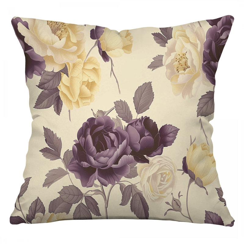 Coussin décoratif fleurs mauves, sergé de coton botanique, H 20 po x l 20 po
