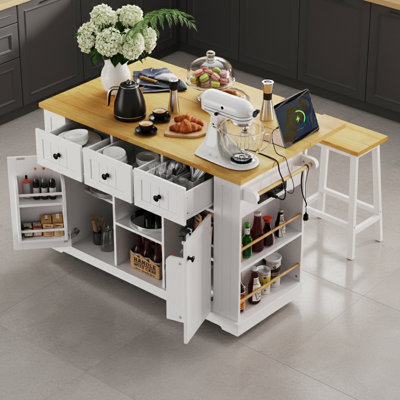 Open Side Racks Kitchen Island With Drop Leaf And Power Outlet