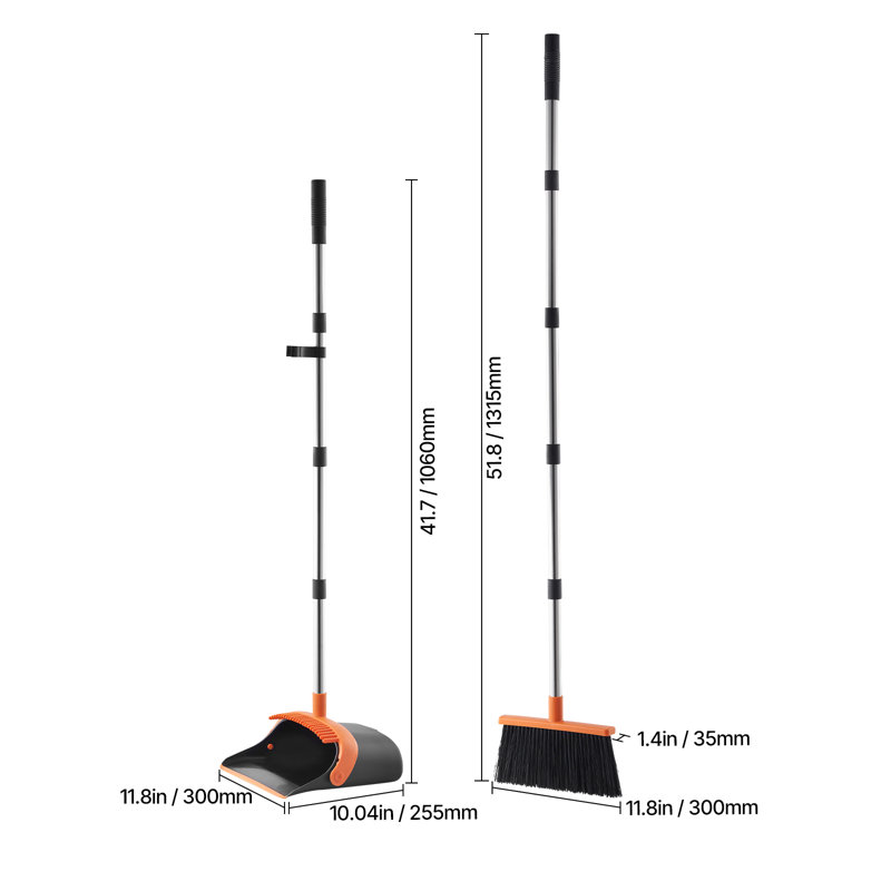Broom and Dustpan Set, Heavy Duty Dustpan and Broom Combo with Self-Cleaning Teeth, Metal Upright Standing Dust Pan with Long Handle, Ideal for Home, Restaurant, Office, Dorm, Black+Orange