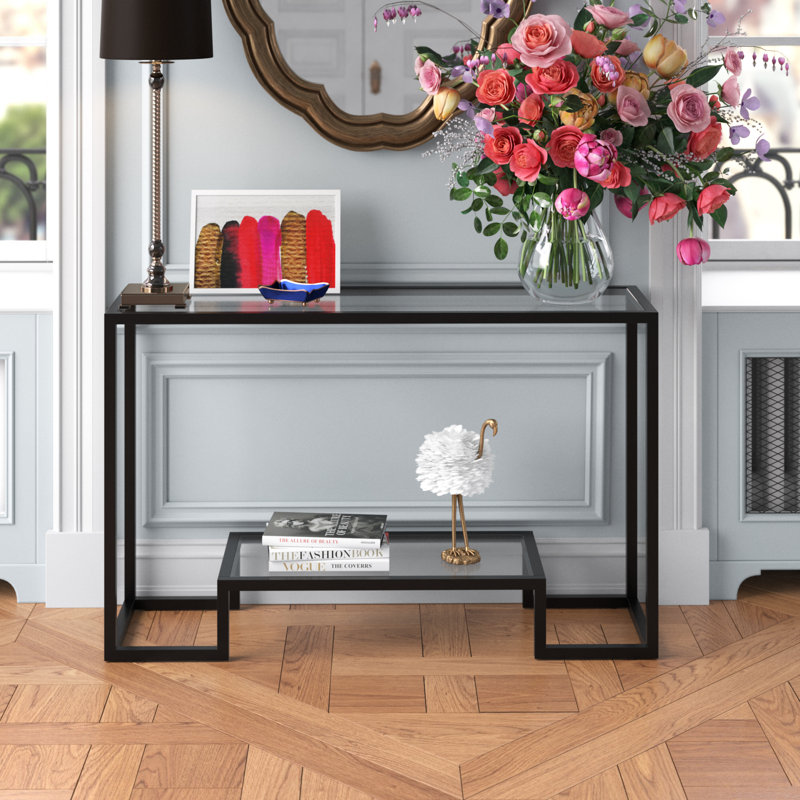 Athena Glass Top Console Table, 30" H x 47.75" W x 14" D, Gold