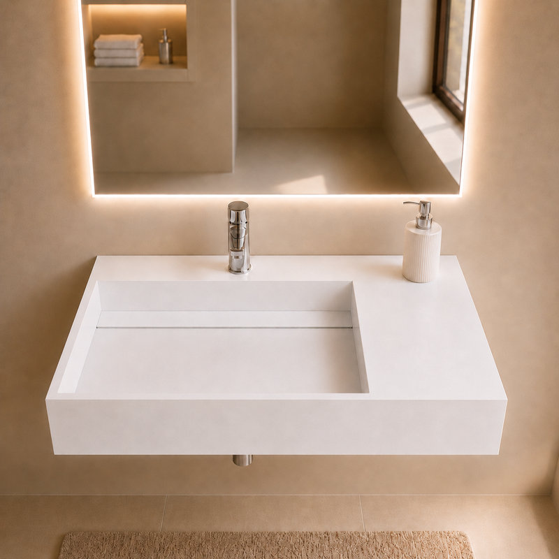 Juniper 30" Wall Mounted Solid Surface Floating Bathroom Sink with Concealed Drain Left Basin - White, White