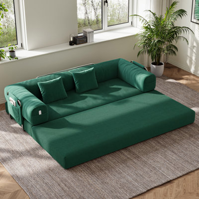 78.7in Green Corduroy Fabric Sofa Bed, Compact Living Room Sofa, 5-In-1 Design Convertible Sofa With 2 Pillows, No Assembly Required, Boneless Couch, Pet-Friendly, Removable Fabric