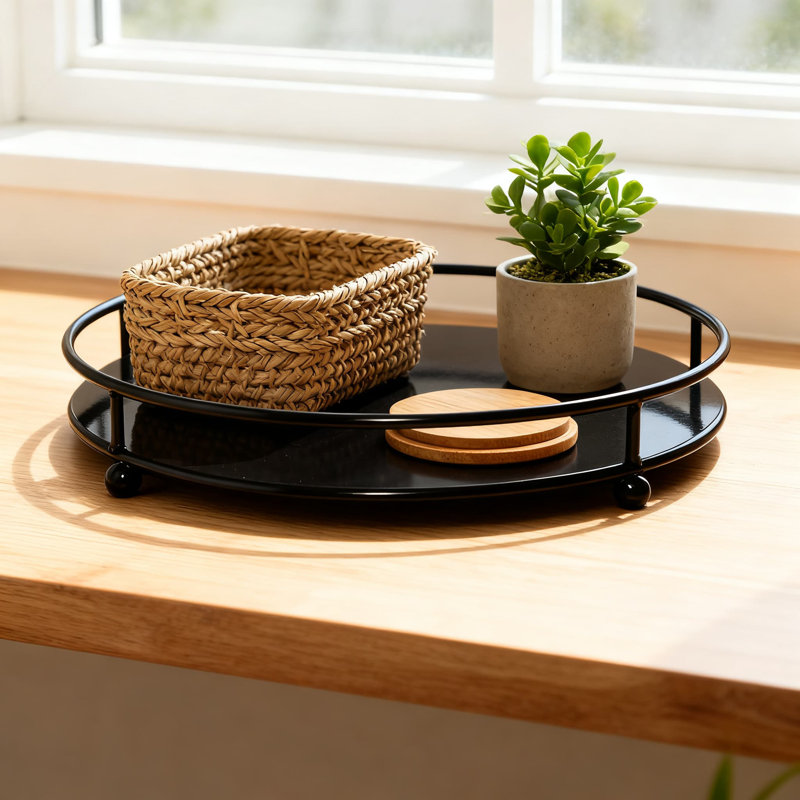 Decorative Tray Organizer For Jewelry, Perfume, And Cosmetics, Round Vanity Display With Metal Base For Bathroom, Dresser, And Tabletop Storage