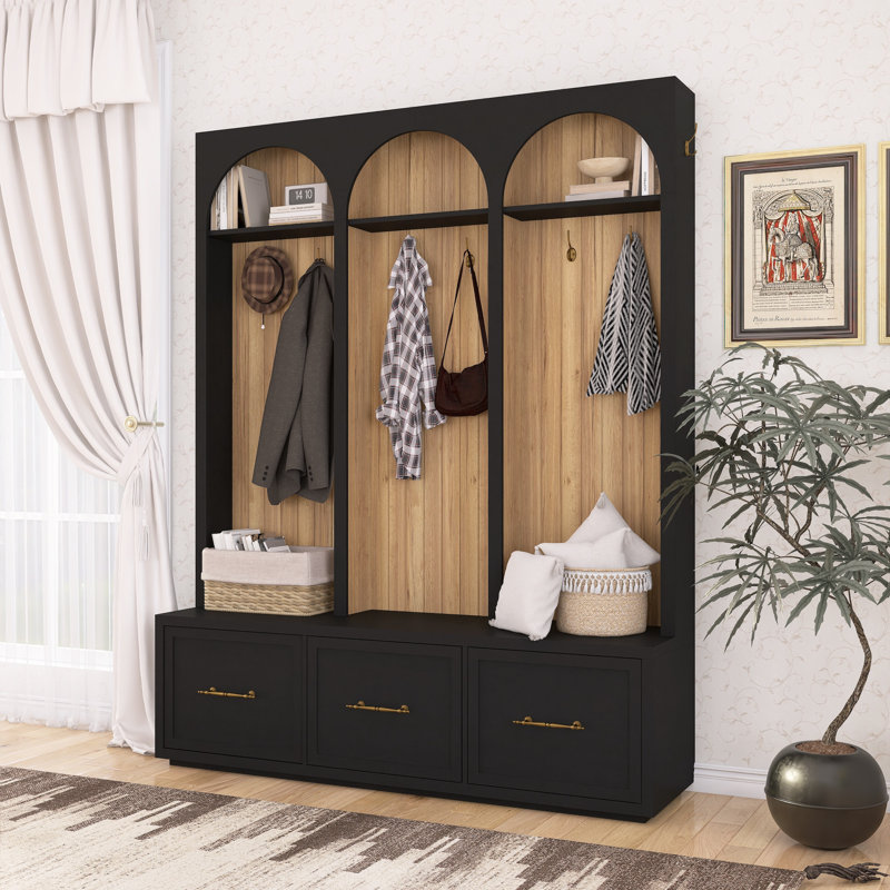 74.8"H Farmhouse Hall Tree Entryway Bench With Hooks & Drawers, Black