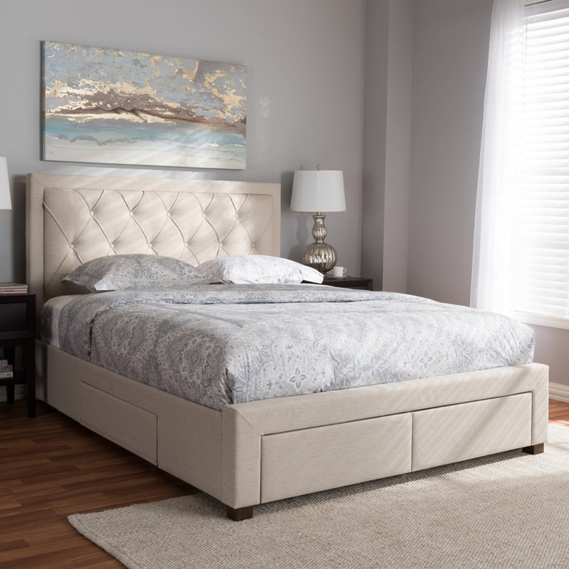 Lit plateforme tapissier avec rangement Aurelie, Beige, Très grand
