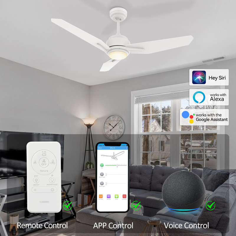 3 - Blade LED Smart Ceiling Fan with Light, White, 48" H x 5.8" W x 20.8" L