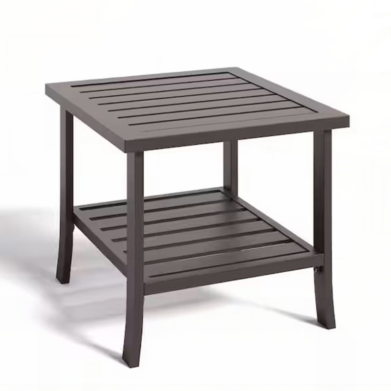 19 Inch Square Metal Outdoor Side Table, 2-Tier All-Weather Patio End Table with Rust-Resistant Steel Frame and Slatted Top