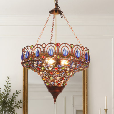 3-Light Vintage Moroccan Boho Inverted Bowl Chandelier with E26 Warm Bulbs