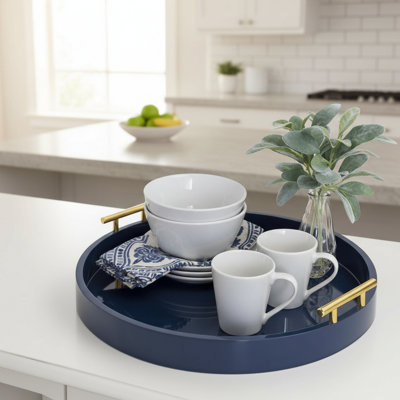 Plateau rond bleu marine et doré, plateau décoratif moderne, convenant à la fois au rangement et à la présentation.