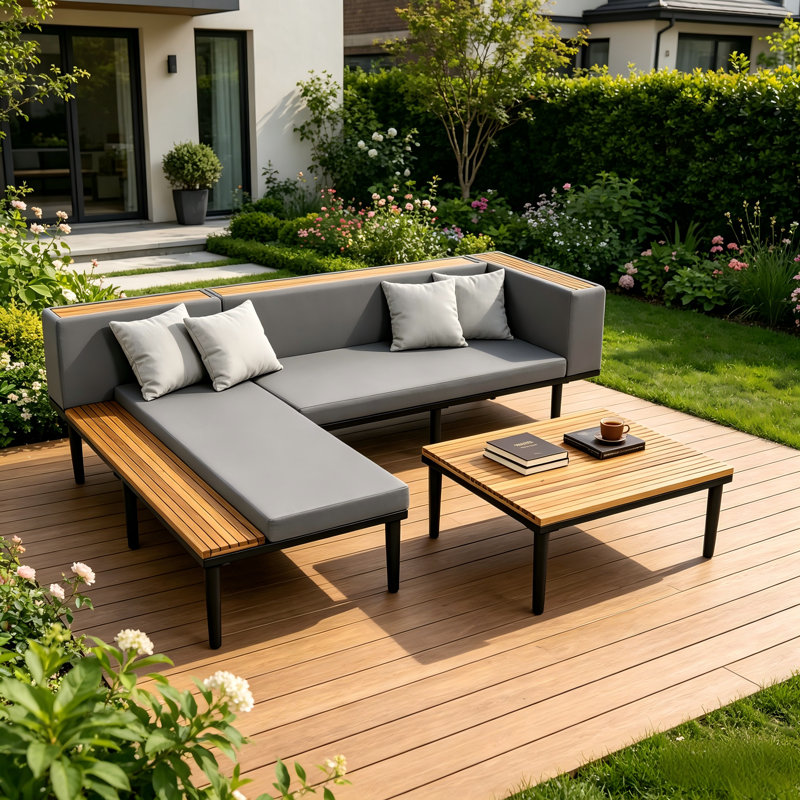 Ensemble de conversation de qualité supérieure avec coussins amovibles et table basse, Gris
