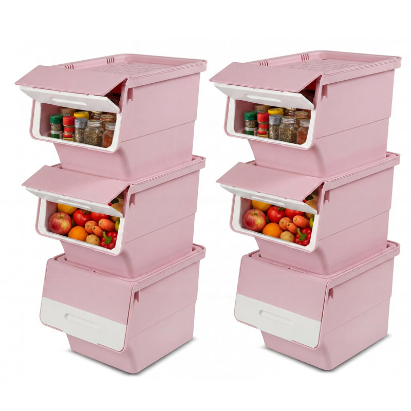 Ensemble de 3 ou 6 bacs de rangement à roulettes avec couvercles, empilables et emboîtables, en plastique blanc et rose., 2