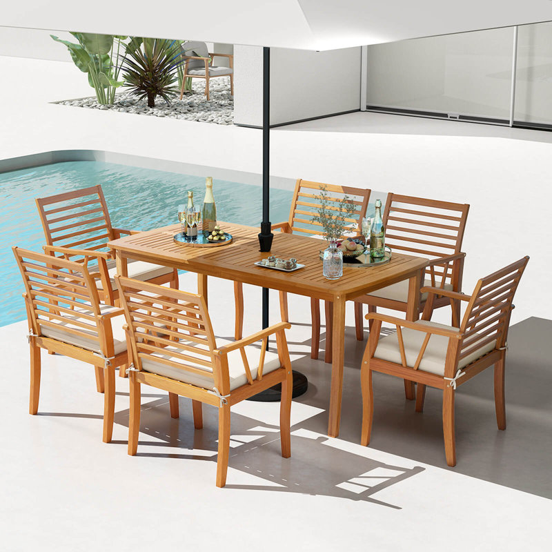 7 PCS Patio Dining Set Acacia Wood Table and Chairs Set with 1.97” Umbrella Hole