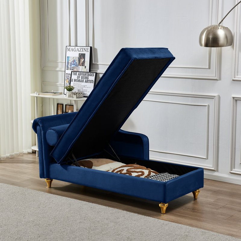Chaise longue en velours bleu marine avec espace de rangement généreux - Revêtement doux et pieds dorés chics et modernes