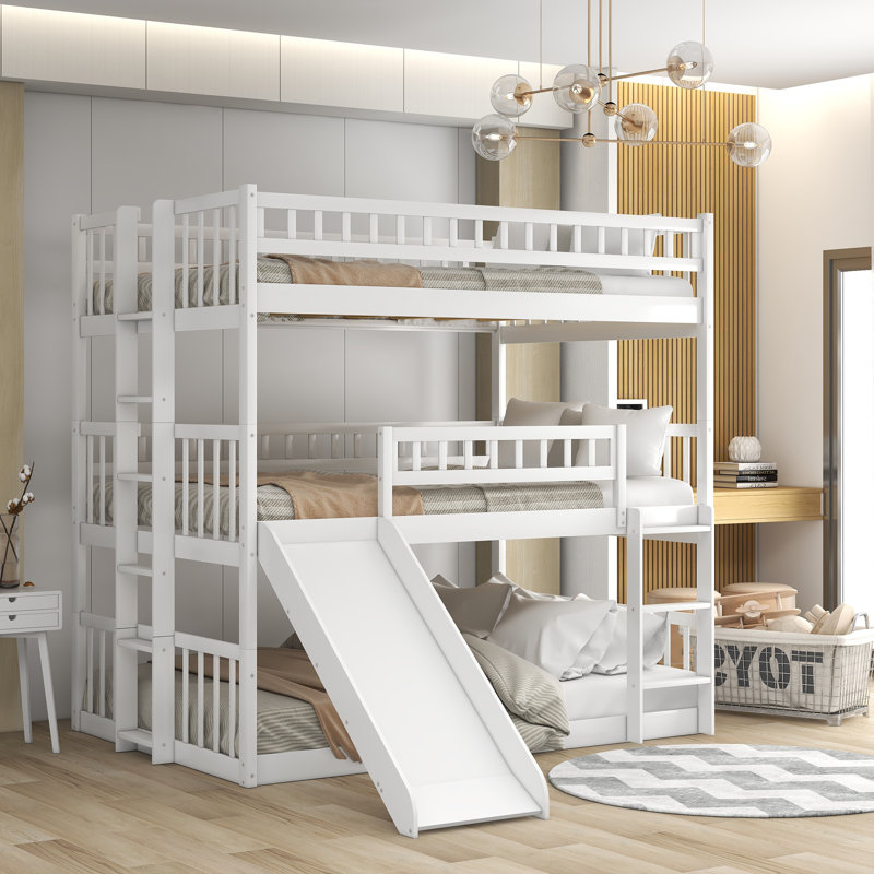 Metal Bunk Bed Set With Trundle, Contemporary Style, Iron Frame, White