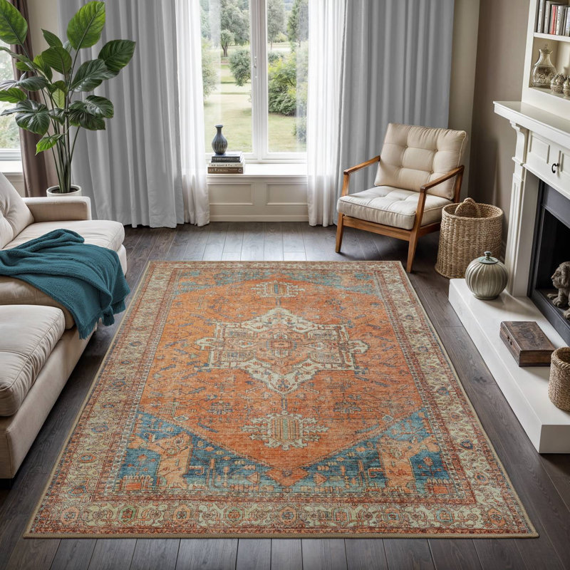 GLN Rugs Traditional Collection - Machine Washable Area Rug, Traditional Washable Rug, Non Slip Washable Rug, Low Pile Chenille Living Room Rug, Bedroom Rug, Kitchen Rug (Burnt Orange Rug)