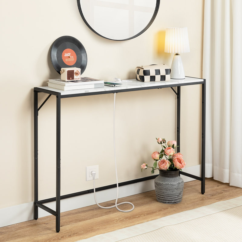 Table d'entrée 43,3 po avec centrale électrique, derrière la table de canapé, Marble/Black, H 29,2 po x l 43,3 po x P 9,4 po