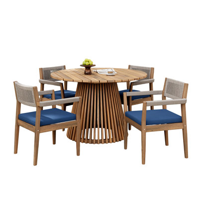 Ensemble de patio Ensemble de meubles d'extérieur en bois d'acacia - chaises de salle à manger tressées (avec coussin bleu marine) et table de patio pour le jardin, le patio et la terrasse (aspect teck et corde beige)