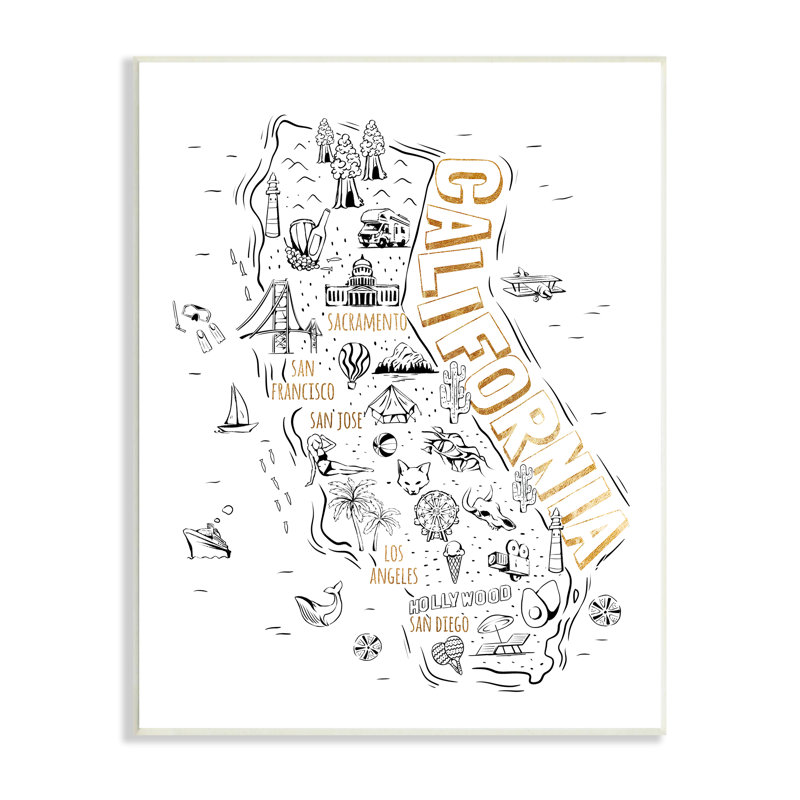 Schéma illustré des points de repère de l'État de la Californie par Ziwei Li - impression, Bois, H 15 po x l 10 po x P 0,5 po