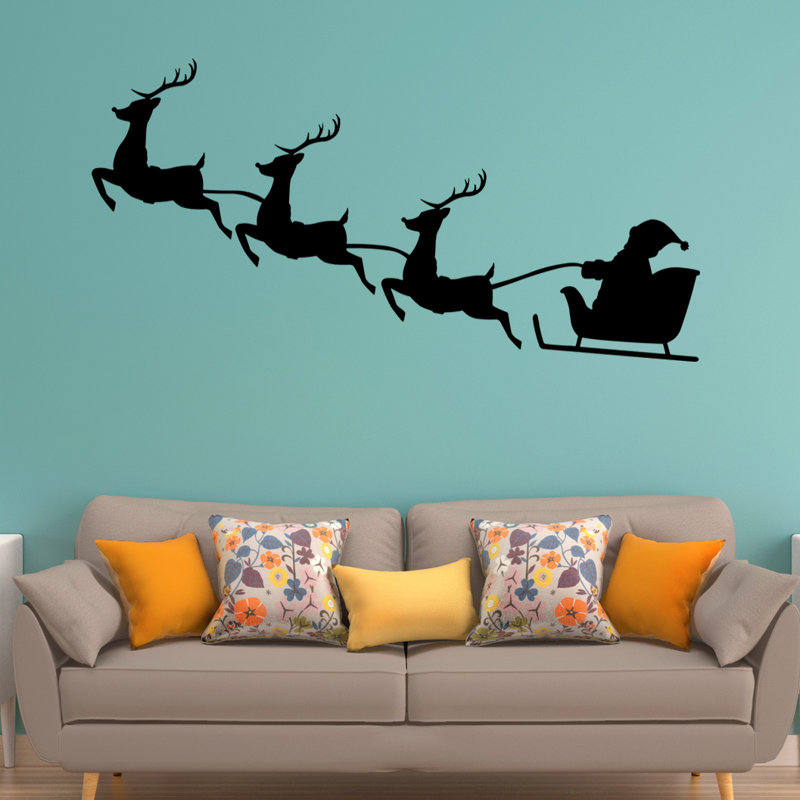 Décalcomanie murale noël renne père noël, H 16 po x l 30 po, Noir