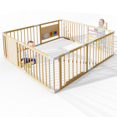 Foldable Solid Wood Baby Playpen with Dry-Erase Learning Board & Safety Lock Gate, Toddler Play Yard for Indoor Use, Available in S, M & L Sizes