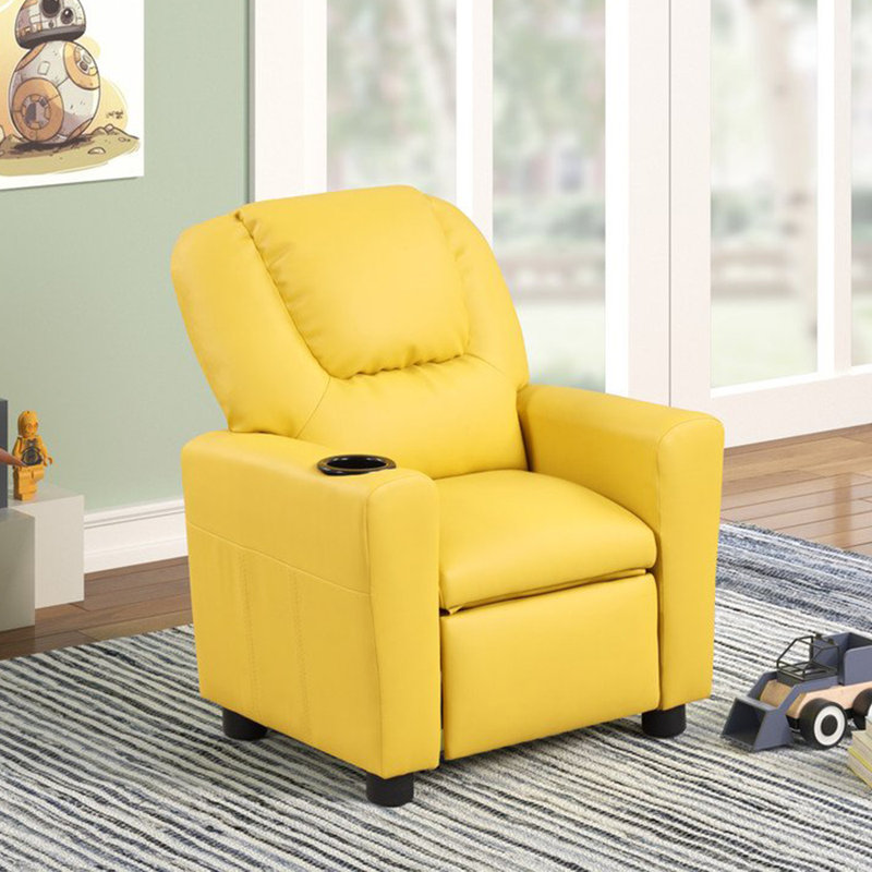 PU Leather Youth Recliner Chair With Cup Holder, Yellow Faux Leather