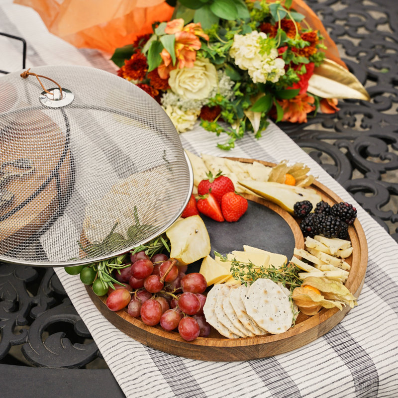 Acacia Wood and Slate Round Cheese Board with Mesh Dome Cover