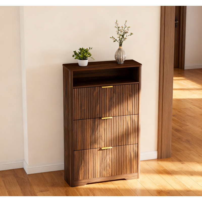 Shoe Cabinet Storage For Entryway Hidden Shoes Storage Cabinet With 3 Flip Drawers, Tall Free Standing Shoe Organizer Rack For Foyer, Hallway. Walnut ,31.6'' L X 9.6'' W X 54.4'' H.