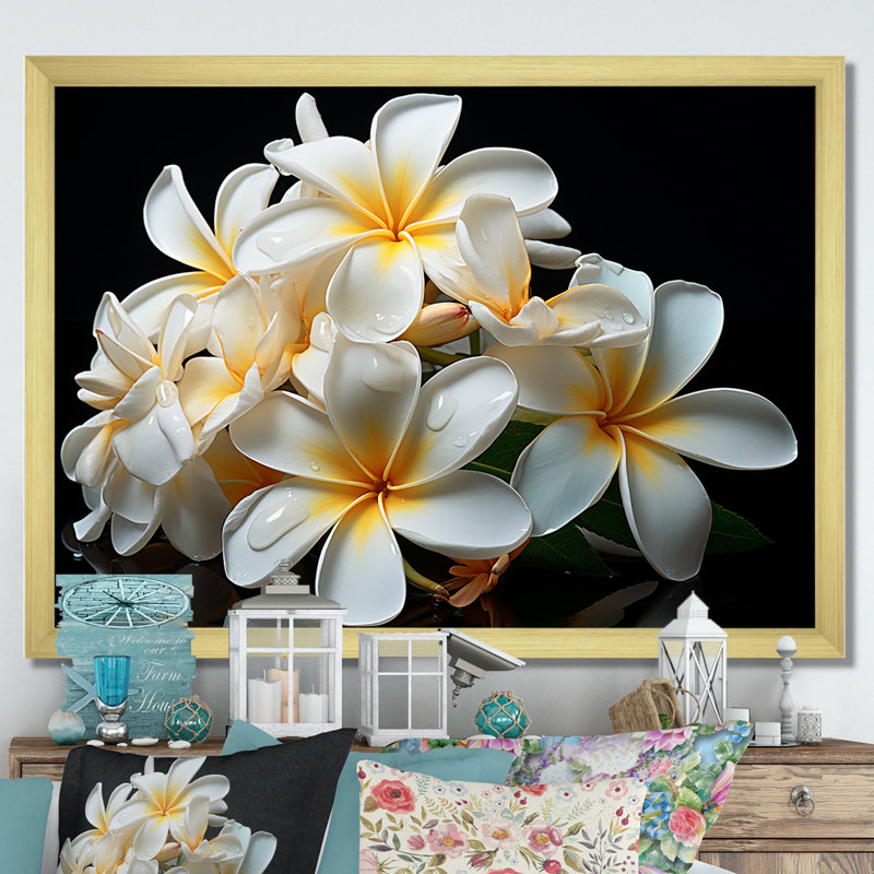 Blanc pureté de Plumeria Essence florale II - Plumeria, art mural, Cadre doré à coins fermés, H 12 po x l 20 po x P 1 po