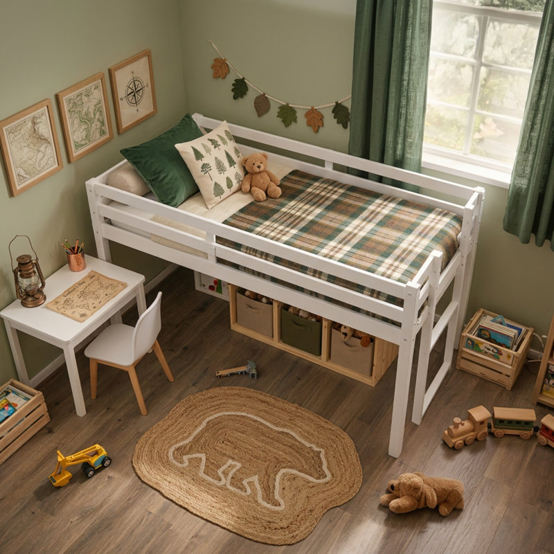 Alaterre Furniture Jasper Wood Twin Loft Bed with Ladder and Safety Guardrails (White), White