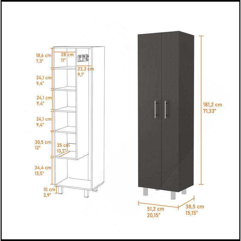 Armoire garde-robe à balconnet, cinq tablettes, Noir, noir, noir, noir