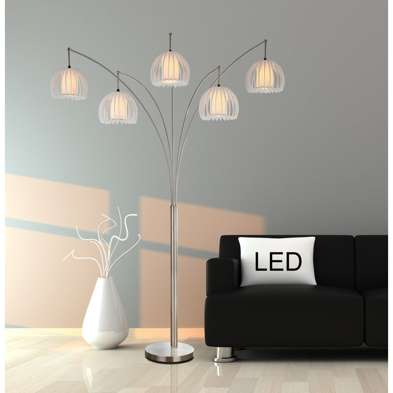 Modern White Multi-Head Arc Floor Lamp with Brushed Steel Finish