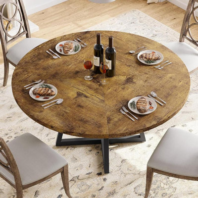 Mirador 47 Inch Round Dining Table, Wooden Dinner Table for 4, Industrial Kitchen Table with Wooden Top and Metal Base for Home Dining Room or Living Room