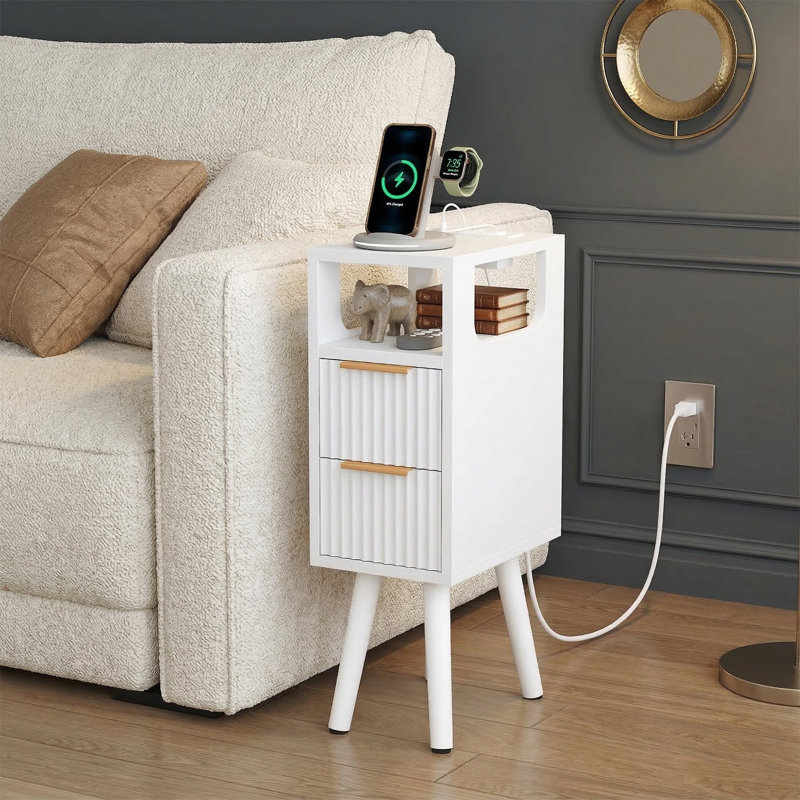 Table d'appoint étroite 7,9 po avec station de charge - Table de chevet cannelée à 2 tiroirs - Table de bout mince avec ports Type-C et USB 