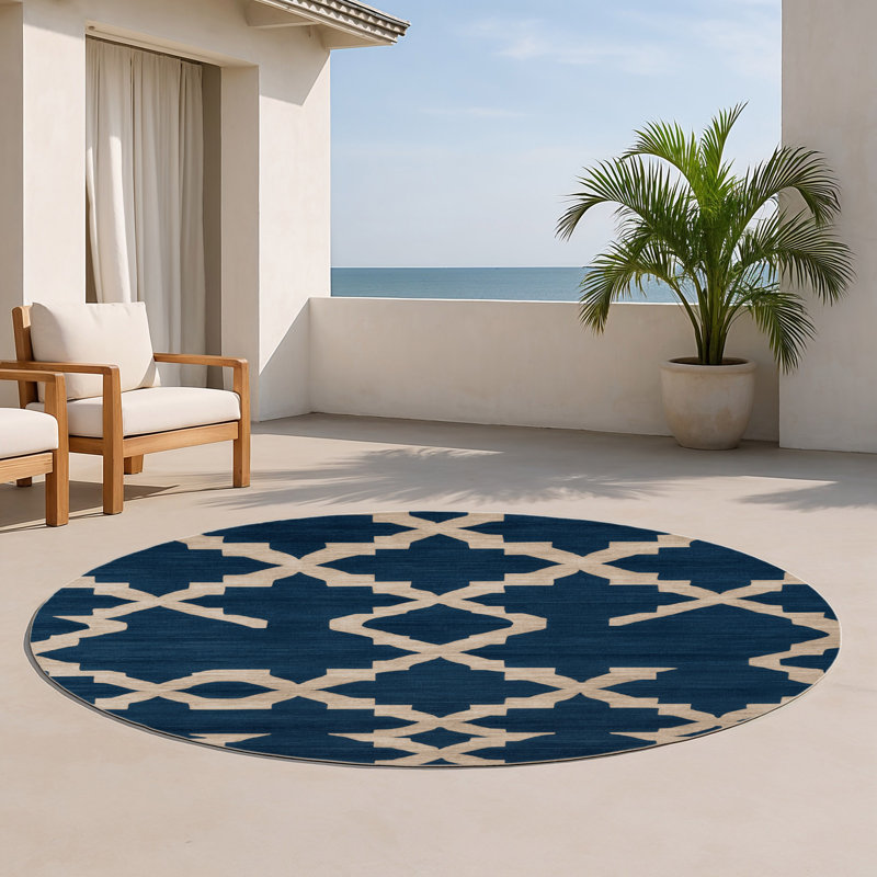 Tapis bleu intérieur et extérieur Trellis, Rond 5 pi