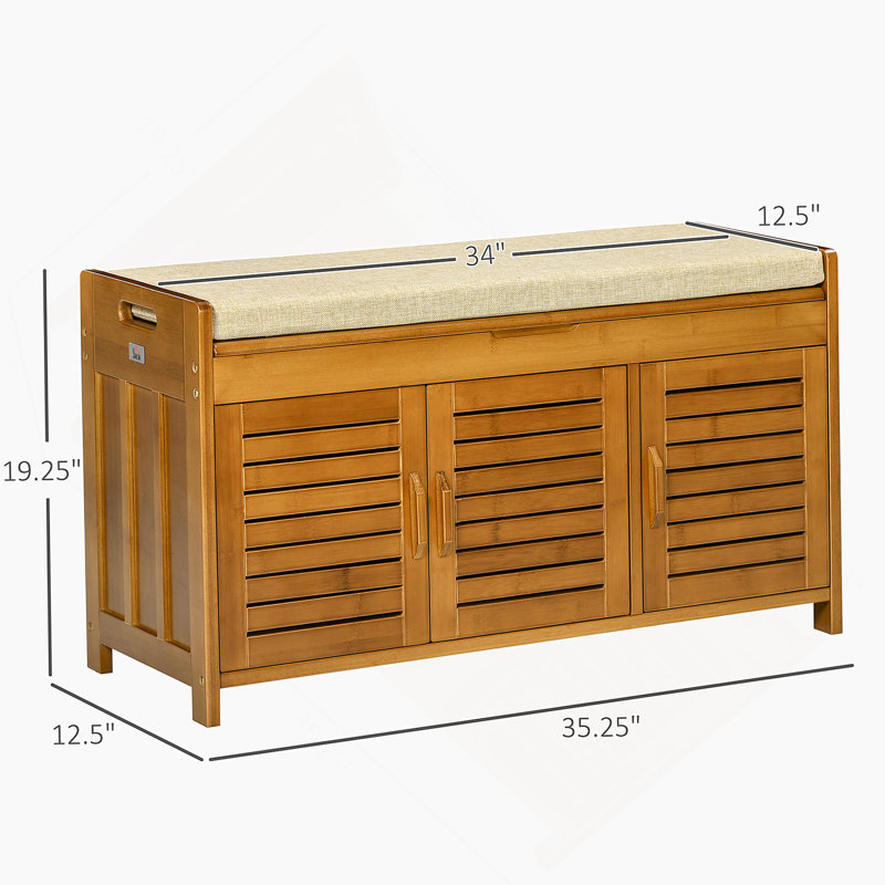 Banc à chaussures en bambou avec armoires de rangement et coussin de siège