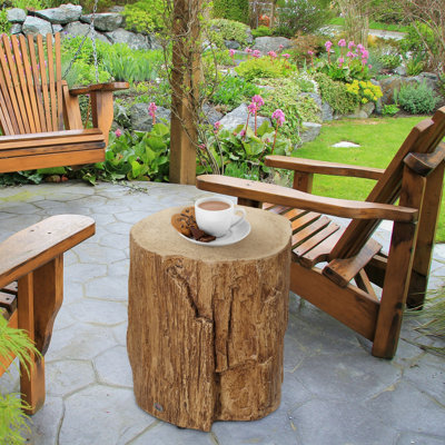 Tree Stump Stool, Decorative Side Table With Round Tabletop, Concrete End Table With Wood Grain Finish