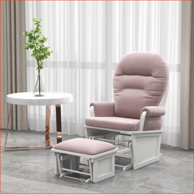 Chaise berçante avec repose-pieds, coussin épais, base en bois d'hévéa, rose | Faux suède | Polyester