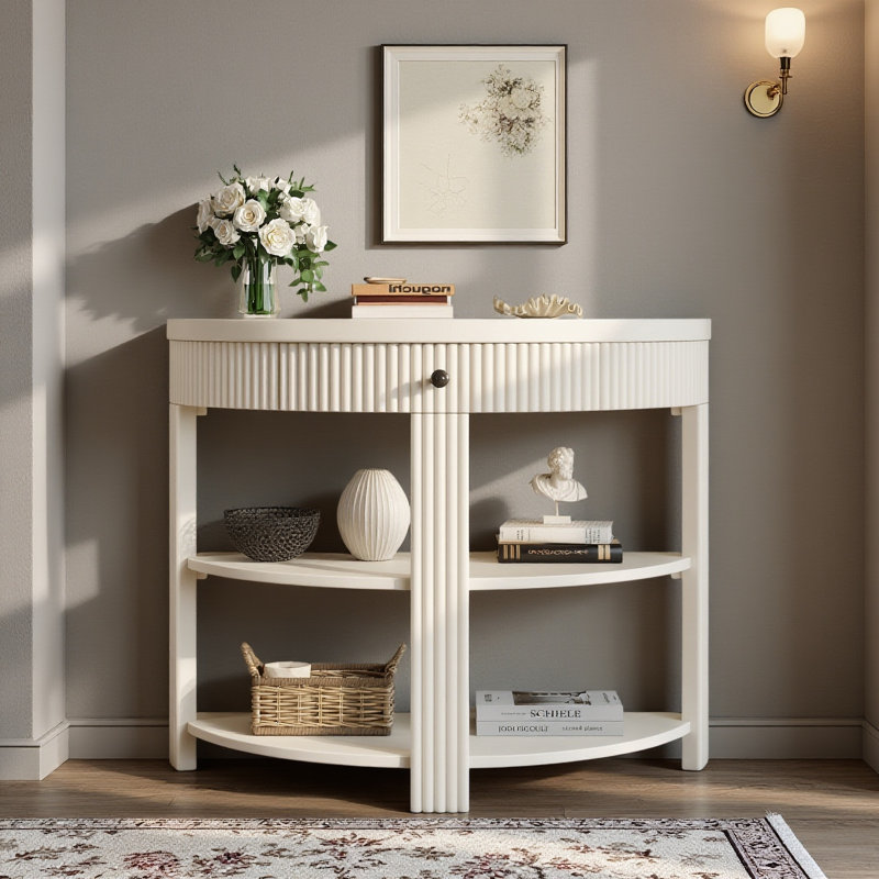 Console demi-lune cannelée TREXM avec tiroir et 2 tablettes, table d'appoint pour entrée ou couloir, crème