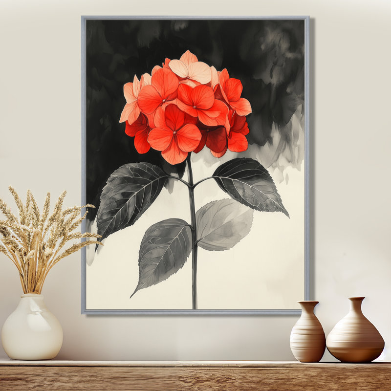 Hortensias monochromes avec décor de pétales rouges III - hydrangées, art mural, H 32 po x l 24 po, Argent argent