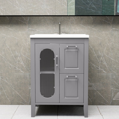 Gray 24" Bathroom Vanity With Sink, Bathroom Vanity Cabinet With Two Drawers And Doors, Adjustable Shelves