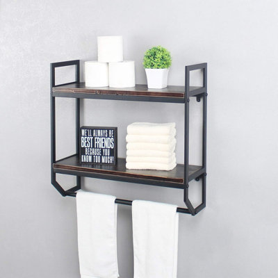 2-Tier Metal Wall Mounted Bathroom Shelf With Towel Bar - Industrial Rustic Floating Storage Rack For Bathroom, Kitchen, Living Room