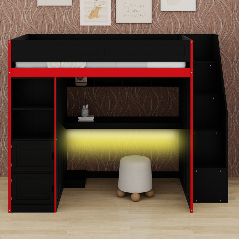 Lit mezzanine avec bureau et rangement, lumières DEL, Lit double