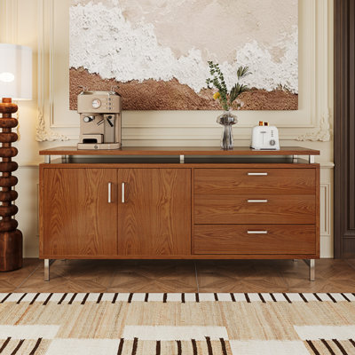 Buffet rectangulaire 59 "avec pieds en acier inoxydable, 3 tiroirs en bois et armoire de rangement 2 portes 59"