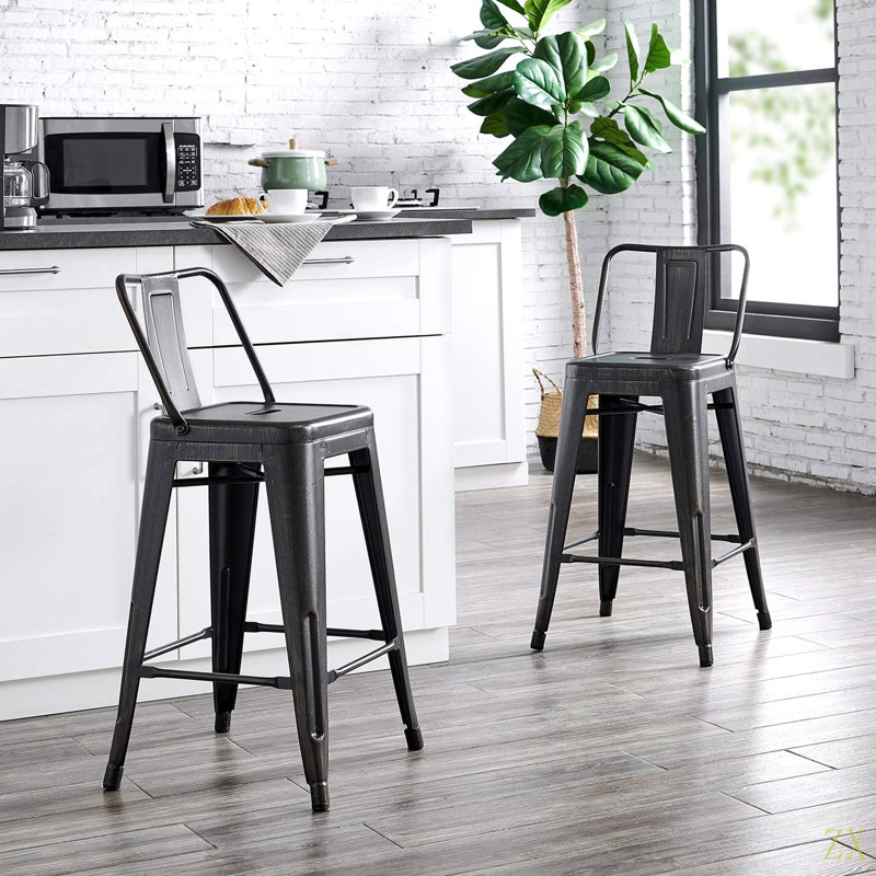 Tabouret de bar 24 po en métal de style rustique rustique avec dossier, tabouret de bar de cuisine, construction légère et robuste, ensemble de 4