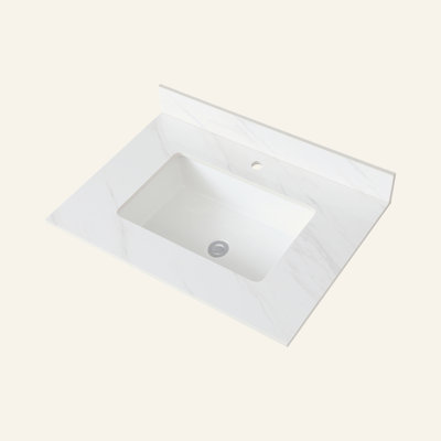 Comptoir de meuble-lavabo en marbre 31 po, comptoir blanc avec trous de robinet pré-percés, comptoir de salle de bain avec lavabo central rectangulaire encastré et dosseret de 4 po de hauteur, Bianco Carrara Venato