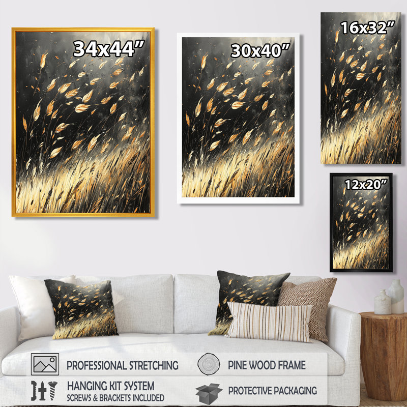 Windy Prairie Leaves II - Meadow, reproduction d'art sur toile, H 40 po x l 30 po, Reproduction avec cadre flottant, Doré