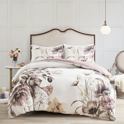 Ensemble de housse de couette en coton 3 pièces chic décontracté, imprimé floral, double / grand, taies décoratives 1 et 2, fermeture à boutons, attaches de coin pour fixer la literie, motif chic imprimé, double / grand, imprimé rosé doux, attaches,